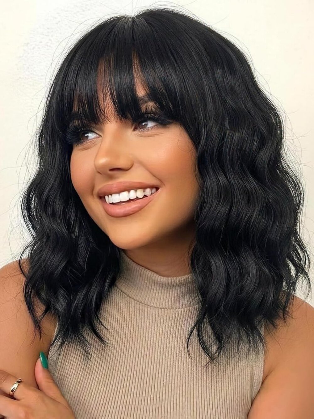 Women's Black Soft wavy Short Shoulder Curly with Bangs 16 Inch Synthetic Wig
